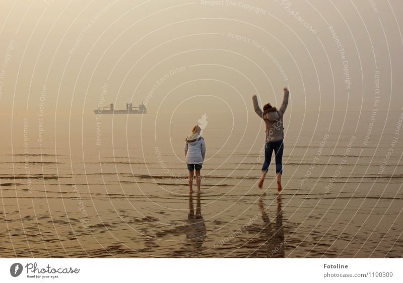 Cold? Anyway, just barefoot through the mudflats! Human being Feminine Child Girl Brothers and sisters Infancy 2 Environment Nature Landscape Sky Cloudless sky