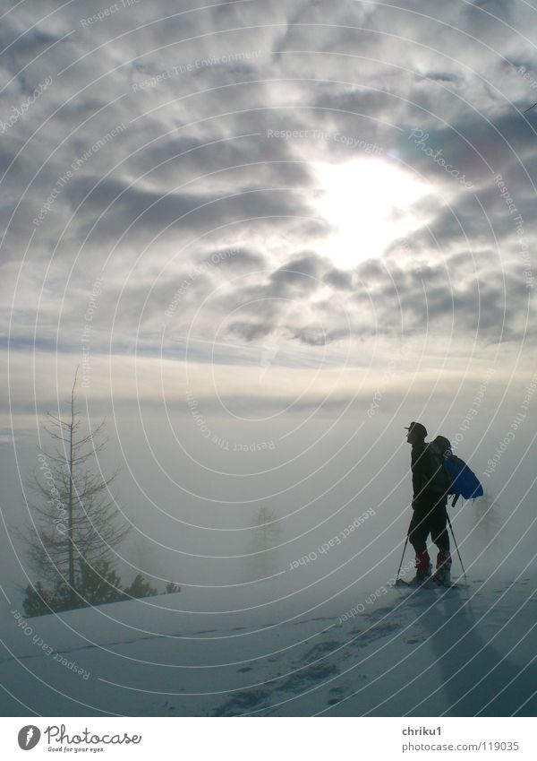 Fog_still_2 Mountaineering Hiking Snow shoes Man High fog Calm Loneliness Clouds Winter sports Snow track Alps Human being log yoke Climbing Zipfelbob