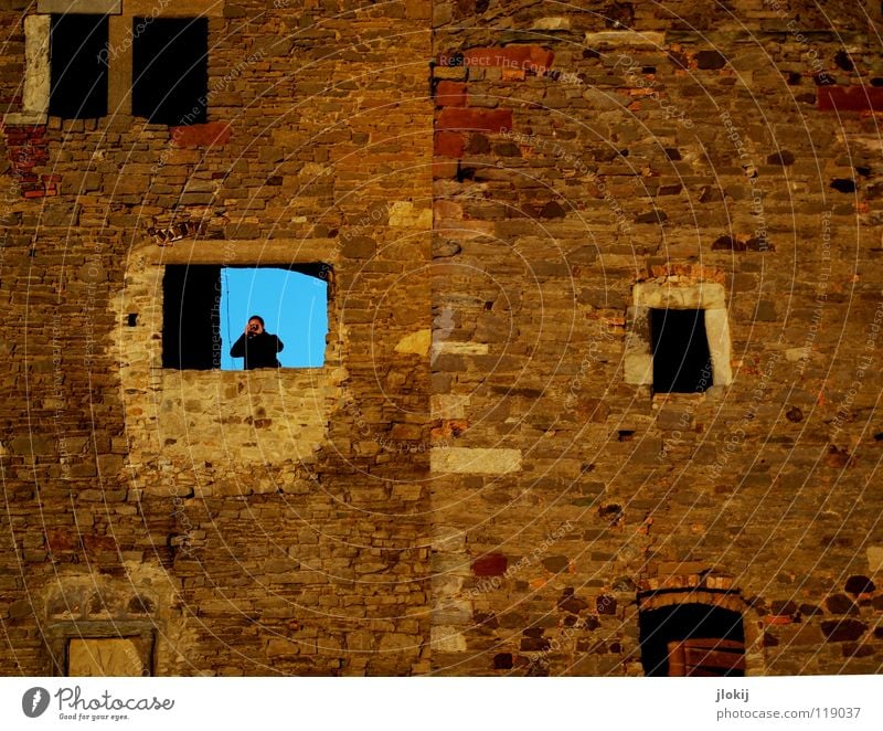 Please smile out loud Saxony-Anhalt Photographer Camera Take a photo Vantage point Window Wall (barrier) Robust Derelict Monument Preservation of historic sites