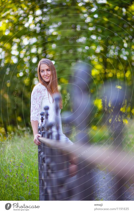 girly Feminine Young woman Youth (Young adults) 1 Human being 18 - 30 years Adults Nature Summer Beautiful weather Natural Green Handrail Colour photo