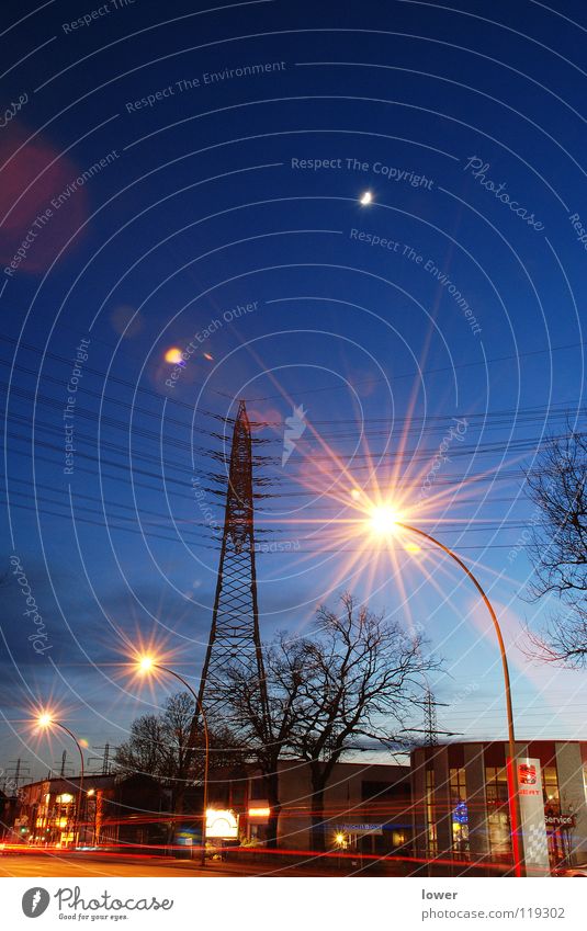 HH at night Industrial zone Car dealer Night Electricity pylon Winter Street lighting Hamburg Long exposure