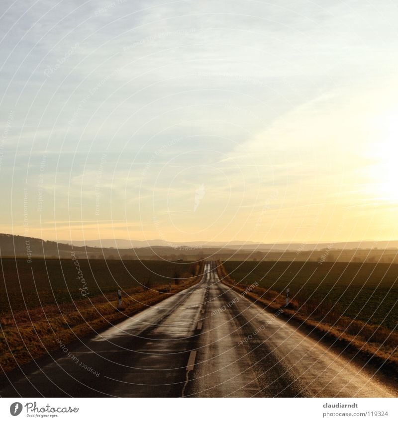 wanderlust Motoring Driving Vacation & Travel Median strip Roadside Twilight Evening Horizon Warm colour Water ditch Asphalt Tar Right ahead Direction Future