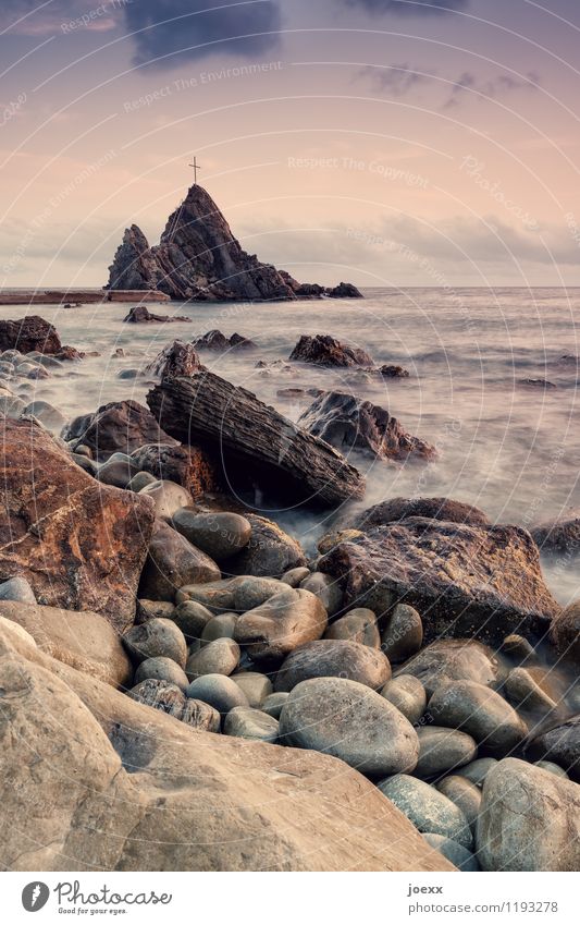 Between here and there Landscape Water Sky Clouds Beautiful weather Rock Waves Coast Ocean Stone Crucifix Firm Fluid Brown Black Power Hope Belief Horizon