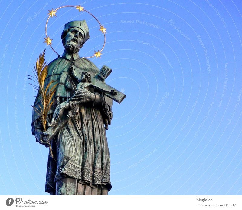 Monument (Charles Bridge, Prague) Colour photo Exterior shot Copy Space right Worm's-eye view Upper body Man Adults 1 Human being Sculpture Sky Czech Republic