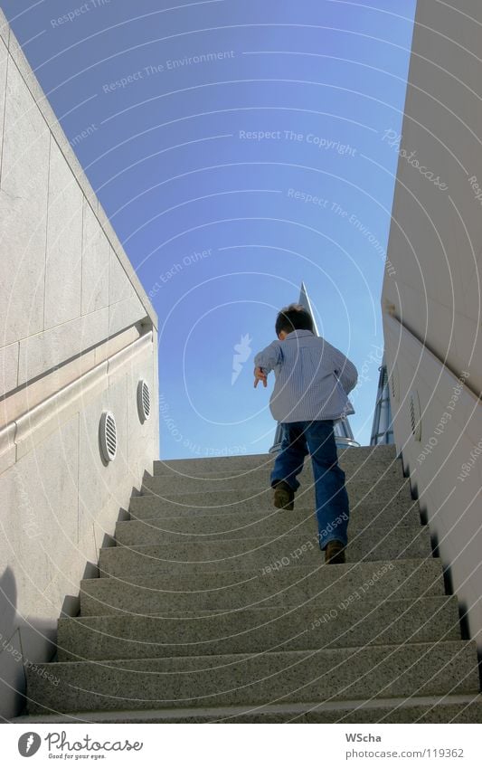 Max on tour Gray Child Go up Concrete Contrast Blue Movement Stairs