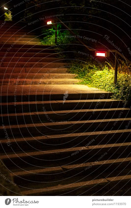 night staircase Park Town Deserted Stairs Lanes & trails Street lighting Banister Sharp-edged Calm Fear Loneliness Past Downward Downward trend Colour photo