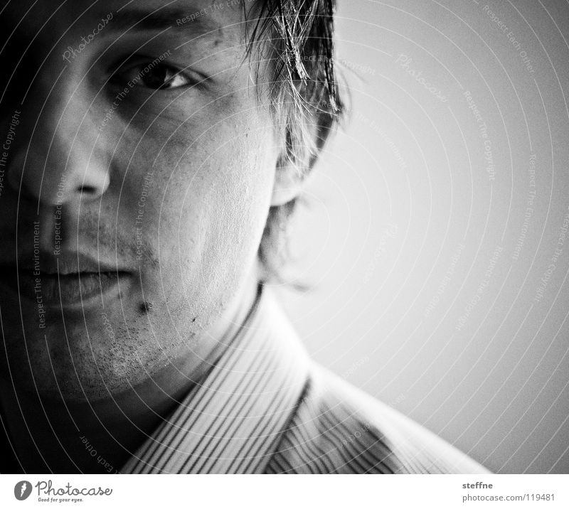 birthday boy Portrait photograph Black White Shirt Dark Calm Fix Man Fellow Employees &amp; Colleagues Concentrate Black & white photo Face Head Eyes