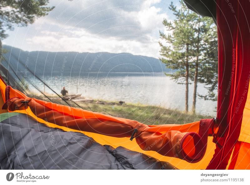 View from inside the tent Luxury Relaxation Vacation & Travel Adventure Camping Summer Sun Hiking Boy (child) Man Adults Family & Relations Feet Nature