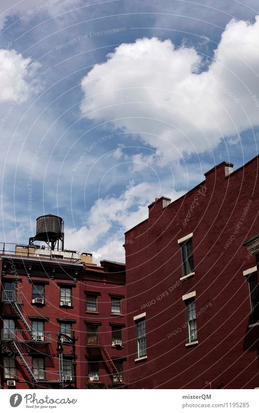 New York Red Blue. Art Esthetic Contentment Architecture New York City Water tower Housefront Brick-built house Heaven City trip Clouds Summer USA Colour photo