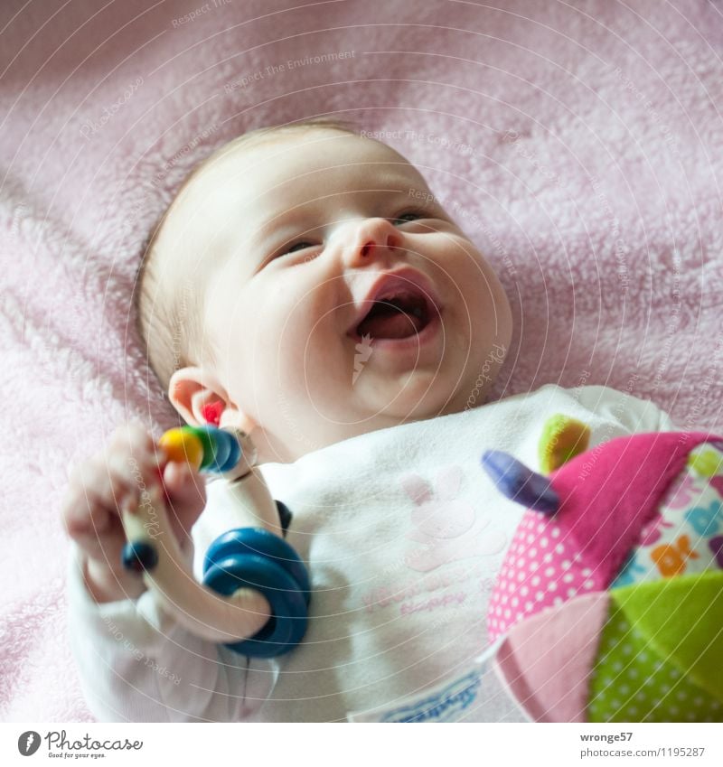 children's laughter Child Baby Girl Head Face 1 Human being 0 - 12 months Smiling Laughter Happiness Happy Beautiful Blue Multicoloured Green Pink White