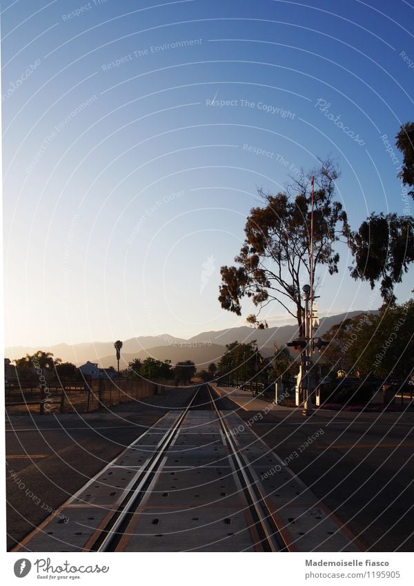 Railroad tracks in the evening mood in a California suburb Rail transport Railroad crossing rails Train station Vacation & Travel Train travel Trip Adventure