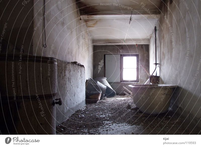 Single room with bathroom Attic Bathtub Window Gloomy Derelict pigeon shit Mold Dirty