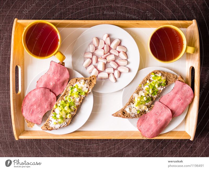 Homemade breakfast: bread with ham, onions, radish Food Sausage Vegetable Bread Nutrition Breakfast Hot drink Tea Plate Mug Healthy Eating Table Couple Fresh