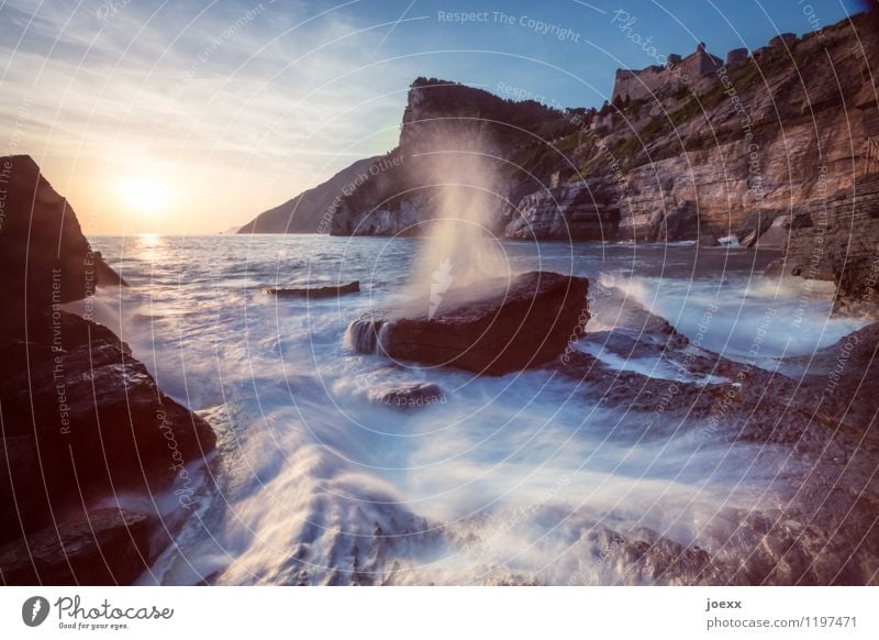 The breath of the sea Far-off places Summer Sun Water Sky Horizon Sunrise Sunset Sunlight Beautiful weather Rock Coast Ocean Portovenere Italy Movement Wild