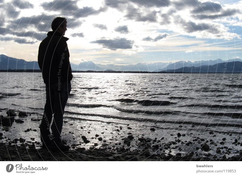 far vision Lake Clouds Man Waves Moody Back-light Sky Water Lake Constance Mountain Alps Coast Far-off places