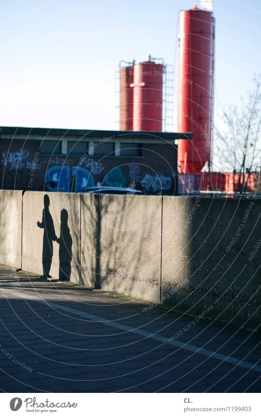 walk around Leisure and hobbies Sports Jogging Human being 2 Cloudless sky Beautiful weather Industrial plant Factory Building Wall (barrier) Wall (building)