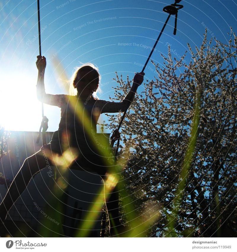 Spring where are you? Physics Child Girl Tree Grass Dazzle Lighting Growth House (Residential Structure) Roof Worm's-eye view Under Black Playing Blossom Joy