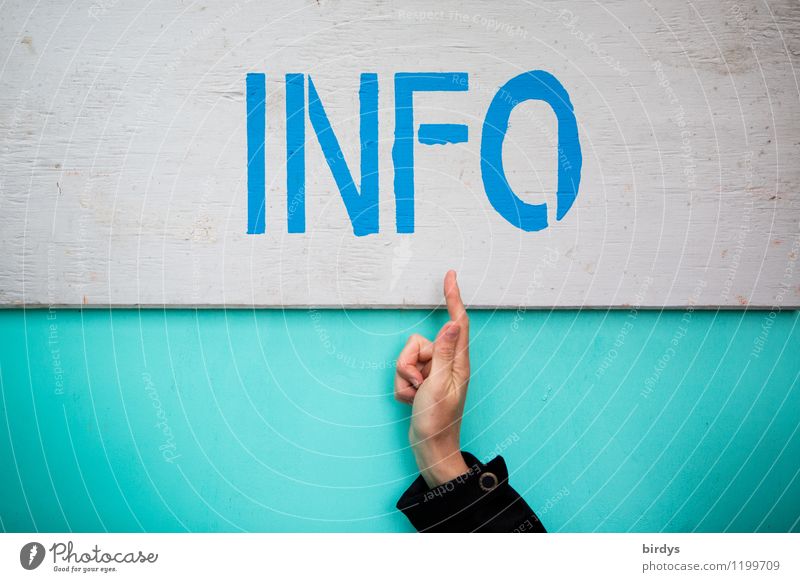 Hand points to the lettering INFO, information, individual, information board Information demonstrating Forefinger universally Characters Signs and labeling