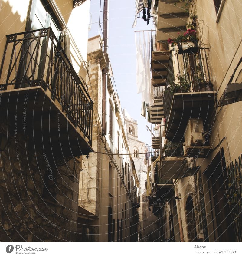 In the south Italy Sicily Village Small Town Old town House (Residential Structure) Facade Balcony Church spire Street Alley Laundry Clothesline Poverty