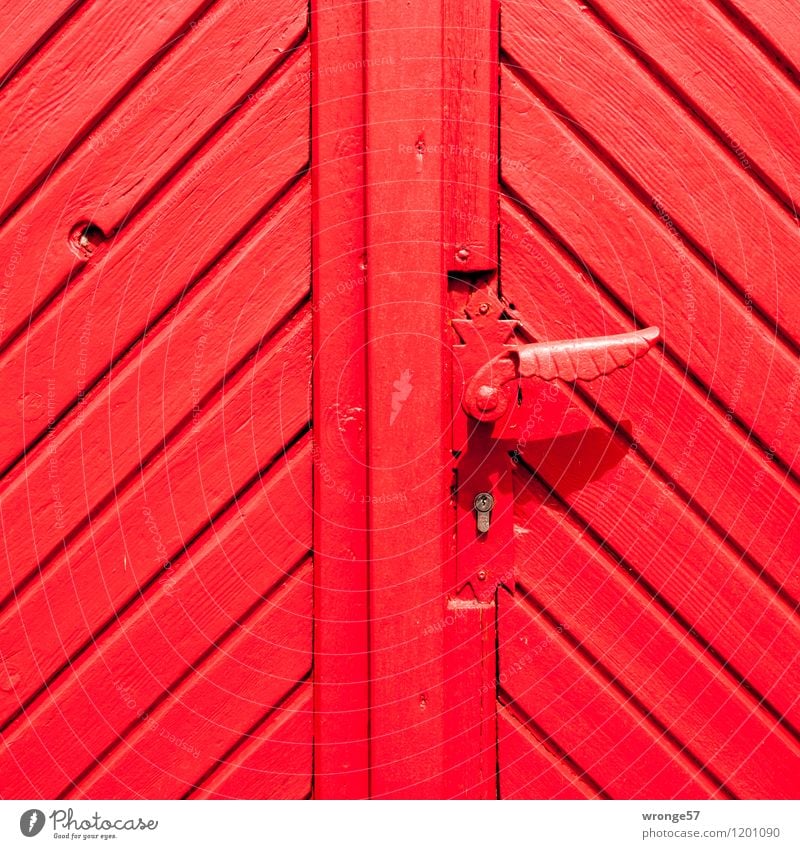 The red gate fire station Door Gate Wood Red Square Door opener Door handle Main gate Front door Colour photo Multicoloured Exterior shot Close-up Pattern