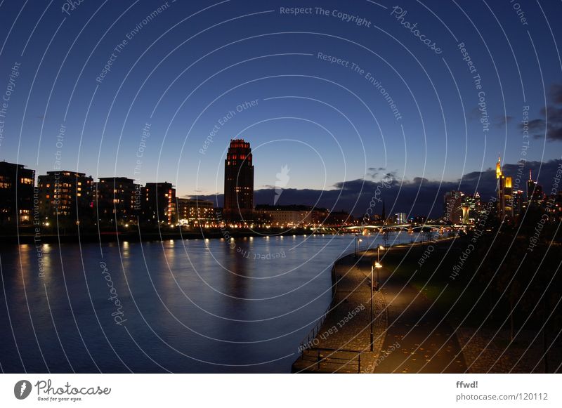 Frankfurt is not Berlin Main Town Twilight Evening Long exposure Lamp Lighting Moody Dusk River High-rise Penthouse Modern Skyline Coast banks of the Main