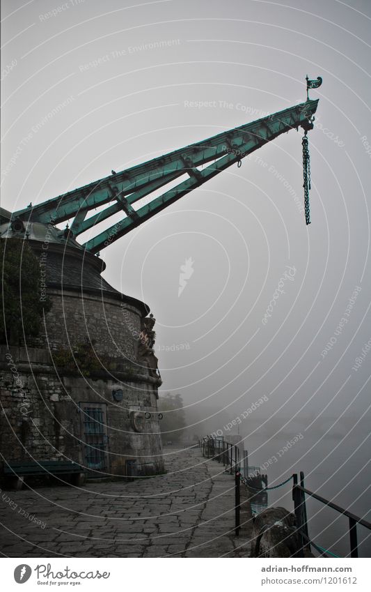 Old cranes in fog Architecture Würzburg Germany Europe Town Old town Deserted Harbour Crane wharf Tourist Attraction mainkai Navigation Inland navigation