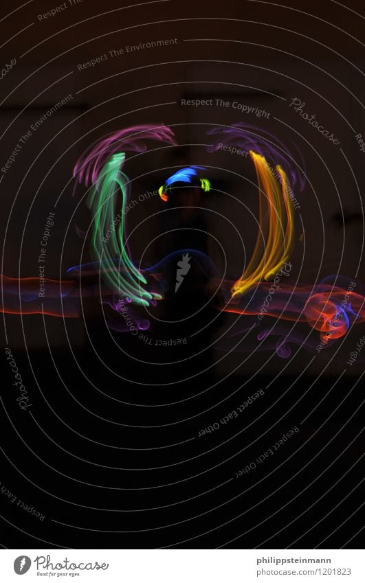 glowworms? Party more bending Art Youth culture Light painting Brash Happiness Hip & trendy Positive Multicoloured Yellow Violet Black Turquoise Joy