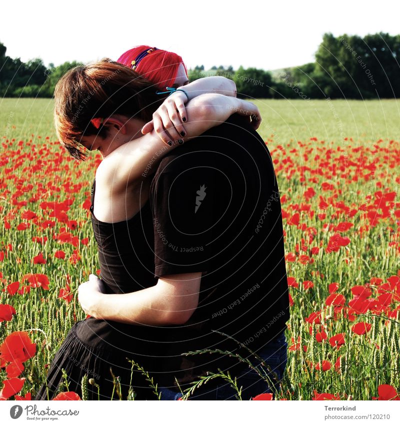 and that's how we stood. Relationship Calm Caresses Safety (feeling of) Protective Infinity Near To hold on Promise Dress Clothing T-shirt Field Poppy Flower