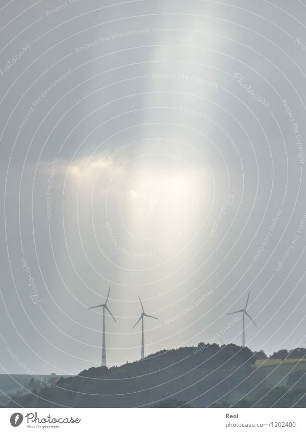 sunrays Energy industry Renewable energy Wind energy plant Sky Clouds Storm clouds Bad weather Field Forest Environment Environmental protection Change Future