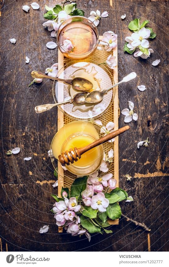 Tea with fresh honey and combs on a rustic wooden table Food Candy Nutrition Beverage Crockery Plate Cup Glass Spoon Design Alternative medicine Healthy Eating