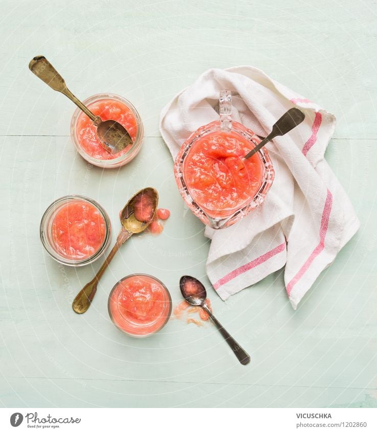 rhubarb compote Food Dessert Candy Jam Nutrition Breakfast Organic produce Vegetarian diet Diet Juice Cup Mug Glass Spoon Summer Pink Design Style Gourmet