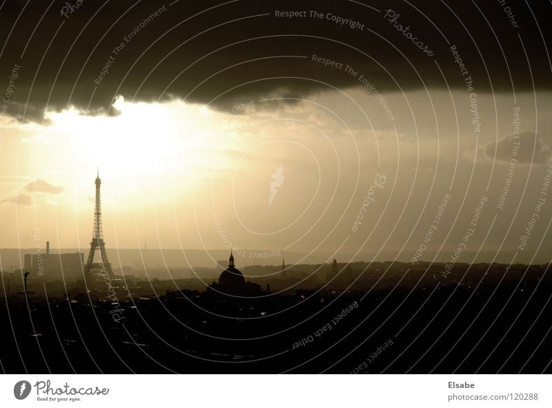 student outlook Paris Eiffel Tower Panorama (View) Clouds Air France Europe Attic Vantage point Sunlight Sunbeam Balcony Window Town Sky Light Landmark Monument