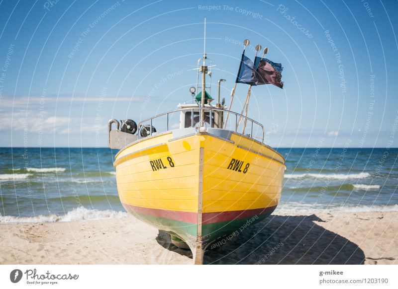 fishing boat Sand Air Water Sky Horizon Summer Beach North Sea Baltic Sea Ocean Fishing boat Large Blue Yellow Watercraft Colour photo Exterior shot Deserted