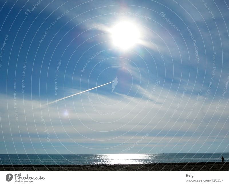 Sunshine and blue sky with clouds at the Mediterranean Sea Summer Sunbeam Lighting Reflection Clouds Airplane Ocean Sea water Lake Coast Beach Glittering Small