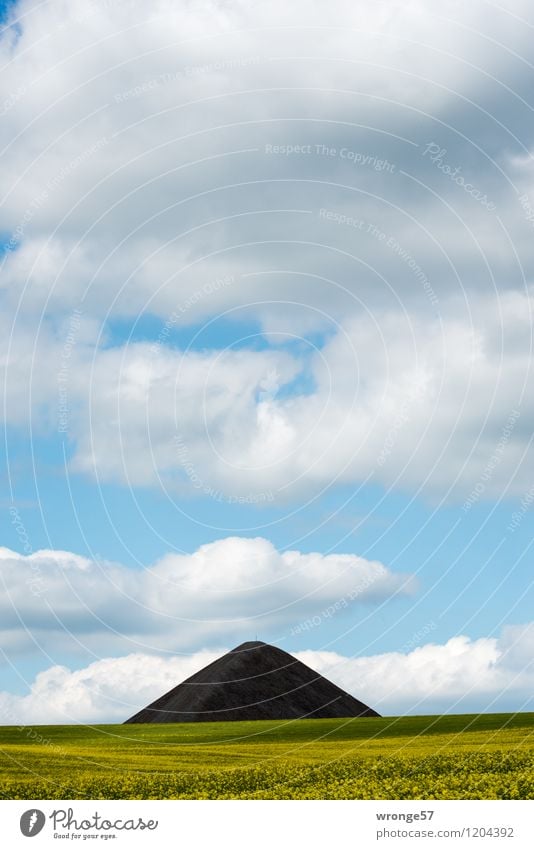 Slag heap of the former copper mine behind a blooming rape field Mining Environment Landscape Air Sky Clouds Horizon Summer Beautiful weather Canola field Field