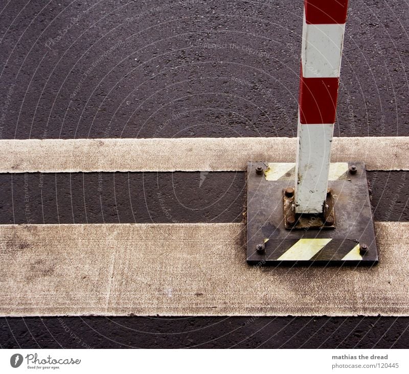 Don't Cross The Line Town Asphalt Hard Uncomfortable Porous Black Gray Gloomy Stripe Yellow Parallel Clean Bollard Allow Reddish white Attach Screw Iron