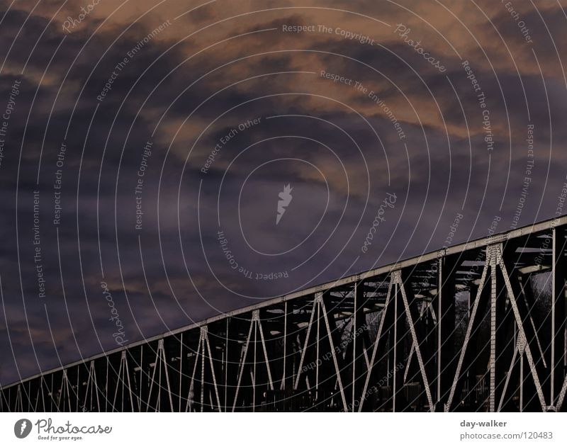 Railway to bright Aspire Construction Carrier Traffic infrastructure Clouds Dark Eerie Storm Cumulus Cirrus Bridge Sky Transport Scaffold Rivet Railroad Shadow