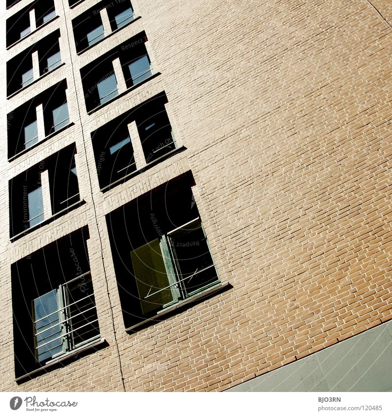 hard and burnt out Brick Red Brown Black Window Building Town Gray Square Rectangle Corner Sharp-edged Dark Detail Contrast Line Glass Window pane urban motif