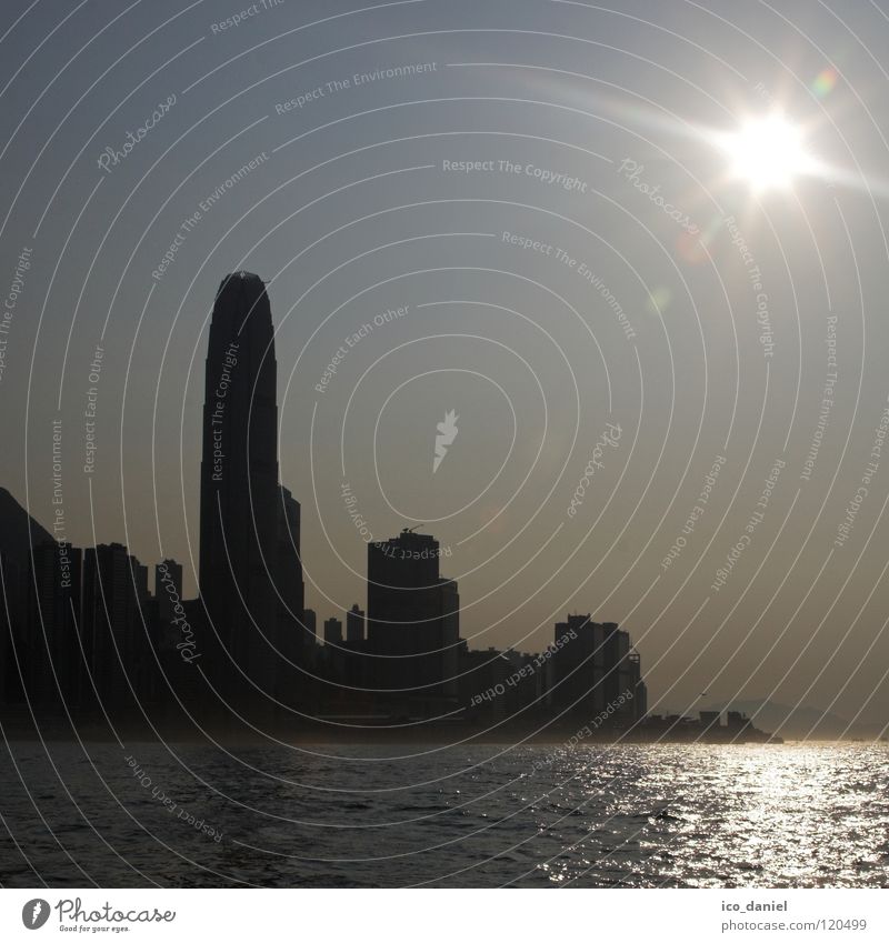 Skyline Hong Kong Sun Water Sunlight Fog High-rise Glittering Large Black Hongkong China Asia Colour photo Exterior shot Reflection Sunbeam Back-light Town