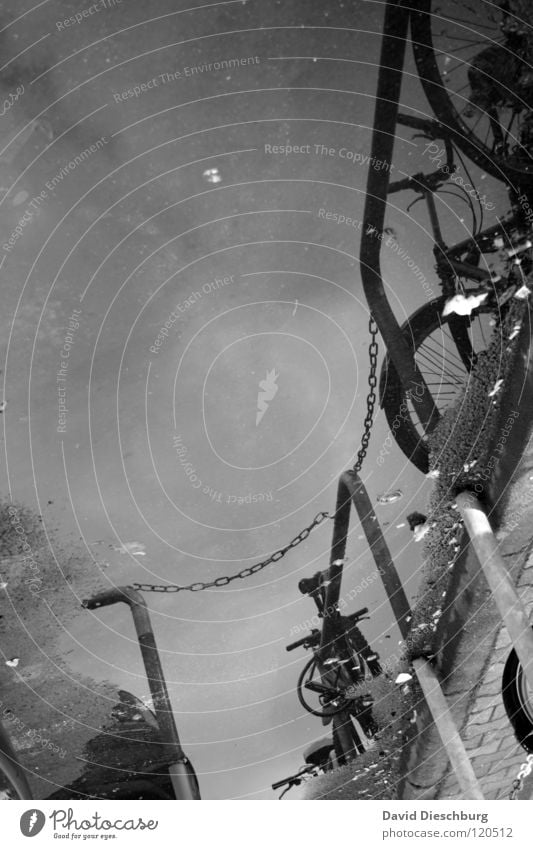 Flood black/white Bicycle Pillar Puddle Clouds Reflection Fork Vehicle Damp Rain Sidewalk Mirror image Traffic infrastructure Black & white photo wise Chain