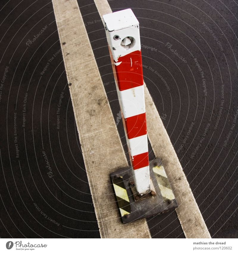 Don't Cross The Line Town Asphalt Hard Uncomfortable Porous Black Gray Gloomy Stripe Yellow Parallel Clean Bollard Allow Reddish white Attach Screw Iron