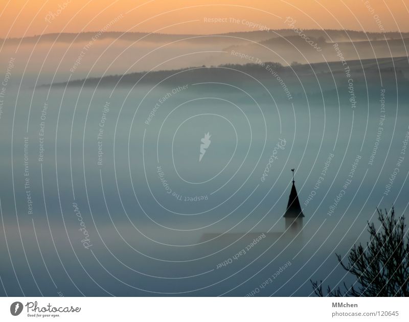 Atlantissimo Church spire Spire Light Clang Church bell Bell Fog Village Tree Bushes Fog bank Dark White Morning fog Vista Dew Hoar frost Cold Gloomy