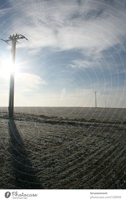 AC/DC Electricity High voltage power line Electricity pylon Energy industry Clouds Winter Field Footpath Rural Hunsrück Cold Back-light Winter sky Horizon