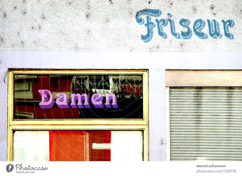 Haircut 5 Mark ! Facade Lady Gentleman Window Typography Closed Violet White Background picture Wall (building) Abstract Derelict Detail Advertising Hairdresser