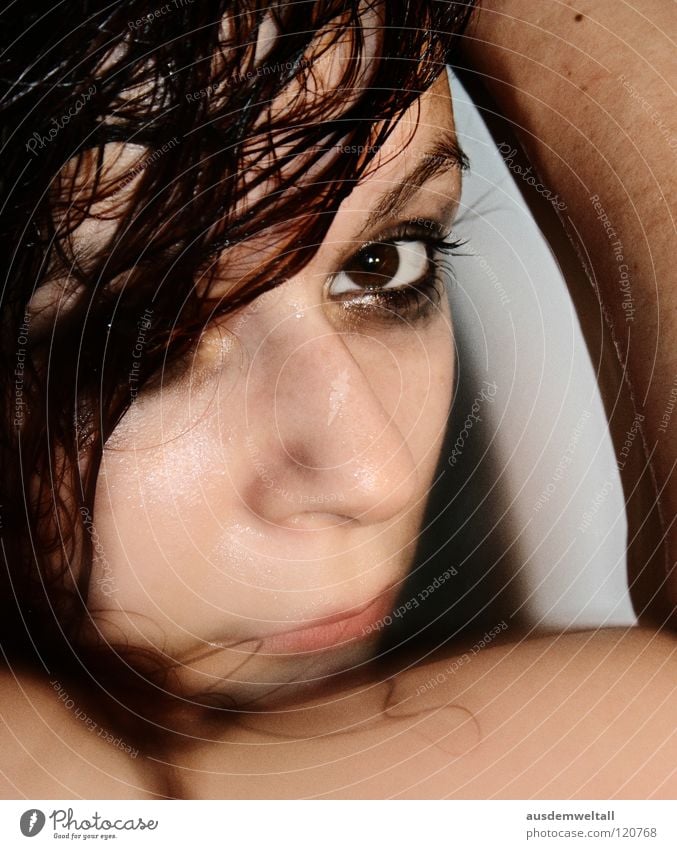 ::Silence:: Feminine Portrait photograph Bathroom Woman Brown Posture Calm Wet Human being Emotions Water Eyes Nose Mouth Hair and hairstyles Arm Bent