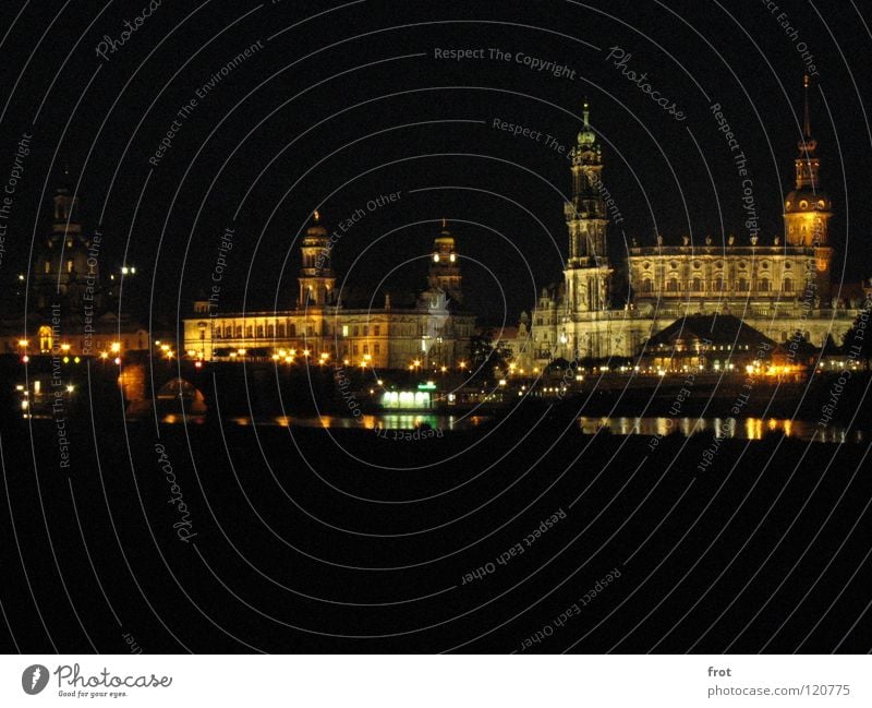 Dresden's Old Town Beautiful Art Night Dark Hofkirche Brühlsche Terrasse Calm Longing Panorama (View) Long exposure Old town Frauenkirche Elbe Large Illuminate