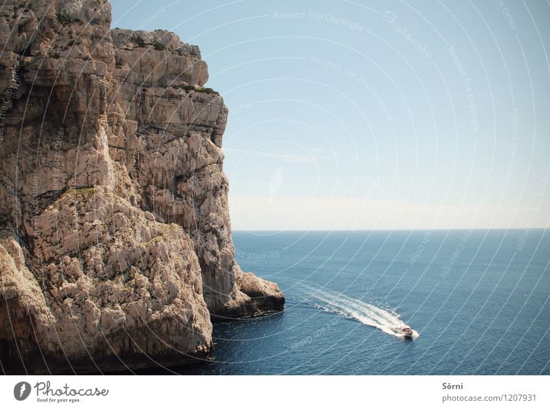 sea boat rocks Trip Adventure Far-off places Freedom Summer vacation Island Mountain Nature Landscape Water Rock Coast Bay Fjord Reef Ocean Navigation