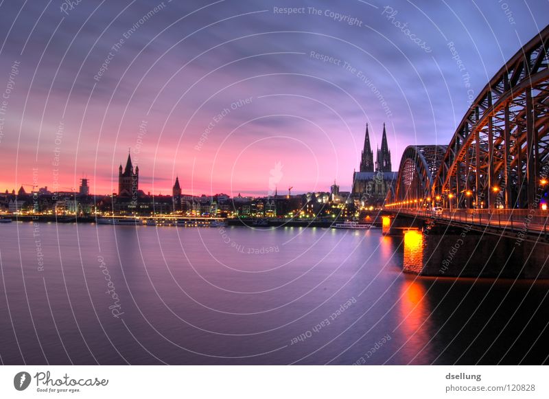 Dusk Cologne Cathedral - railway bridge Sunset Red Blue Yellow Multicoloured Romance Impressive Corona Silhouette Rhine Dome Hohenzollern Bridge Violet Sublime