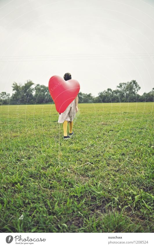 the red balloon .. Child Girl out game Meadow Grass Balloon Red Heart Retro