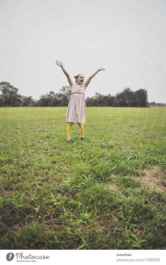 ...no balloon Child Girl Dress Arm Joy Joie de vivre (Vitality) Laughter Hand Exterior shot Playing Meadow Grass Retro young girl Infancy Freedom Parenting